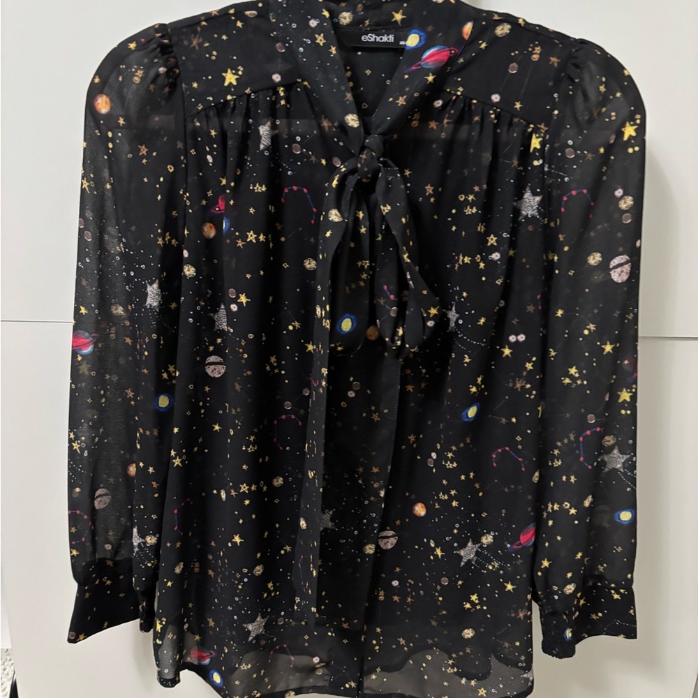 eShakti Black Starry Print Blouse tie neck see through attached tank top space